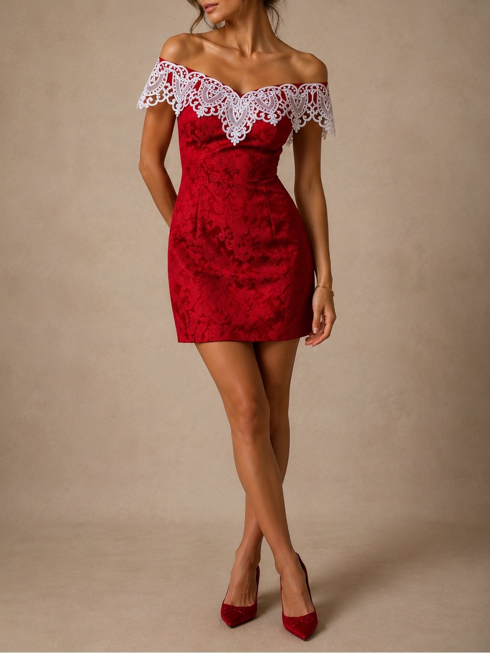 Jessica McClintock Gunne Sax Vintage Red Jacquard Lace Corset Dress 9/10 USA